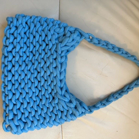 Sky Blue Chunky Knit Cotton Shoulder Bag | Textured Woven Style - Picture 3 of 6